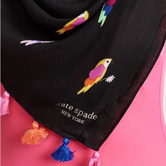 Kate Spade Black Multicolor Birds Scarf with Pompom Fringe Edge - Picture 4 of 13